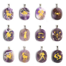 Natural Amethyst 12 Constellations Pendant Crystal Quartz Carved Necklace Reiki picture