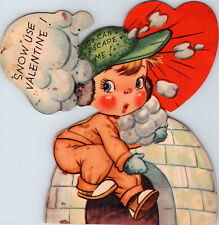 Vintage Valentines Card Boy Igloo Snow Use You Can't Escape Me Die Cut  picture