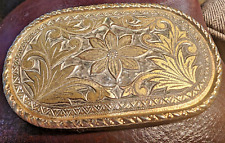 Western Gold Tone Belt Buckle Floral Engraved Accents Rolled Edge 3.5