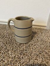 Crock Pottery Pitcher with Handle, Beige with Blue Horizontal Stripes - 6