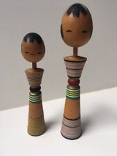 Vintage Japanese Kokeshi Dolls Pair Wooden Hand Painted Colorful Folk Art 6