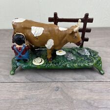 Book of Knowledge #52 Cast Iron Mechanical Bank Kicking Milking Cow Bull  picture