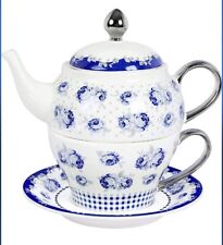 Fanquare Porcelain Tea For One, Blue Roses and Polka Dots Porcelain Teapot with  picture