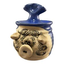 Art Pottery Ceramic Pig Swine Trinket Box Jar Cobalt Blue Beige Black Signed picture