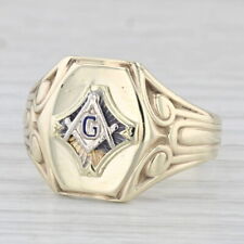 Vintage Masonic Signet Ring 10k Yellow Gold Blue Lodge Square Compass Size 9.75 picture