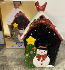 13” Ceramic House Snowman Christmas Cookie JaR cardinal Bird Roof Top In Box picture