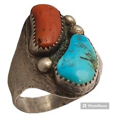 Vintage Richard Long Navajo Sterling Silver Turquoise Coral Turquoise Ring12.75 picture