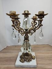 Antique Style Tear Drop Crystal Brass 5 Candelabra Marble Base MCM Regency Prism picture