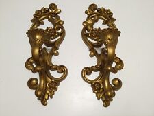 Vintage Pair 1971 Homco Gold Hollywood Regency Floral Scrolled Wall Sconces 4118 picture