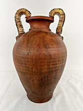 Vintage Large Brown Amphora Terracotta Vase w/ Wicker Rattan Handles picture