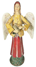 15” Angel Figurine Faux Wood Metal Wings Drum Playing Distressed Folk Art picture