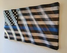 HANDCARVED WAVY BLUELINE AMERICAN FLAG - MADE IN USA - MADE OF WHITE OAK picture