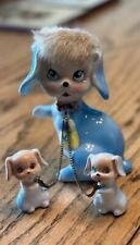 vintage kreiss company Blue Porcelain Dog With 2 Puppies On Chains. picture