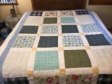 Handmade Patchwork Feed-sack Quilt 92x66 White blue multi colors sewed & tacked picture