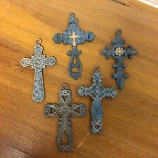 Set Of 5 Small Cast Iron Crosses Blue W/ Gold Accents Ornaments Hanging Wall Art picture