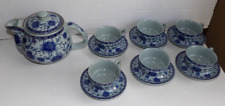 SAKE SET WITH POT & 6 CUPS WITH MATCHING SAUCERS BLUE FLORAL BY YONG KING picture