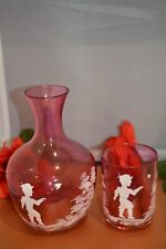 Vintage Mary Gregory Cranberry Glass Tumble up Set Boy w/Bird picture