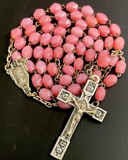 Vintage Catholic Geometric Pink Milk Glass Rosary, Silver Tone Crucifix,France picture