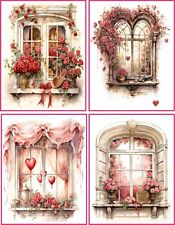 VALENTINE WINDOWS  VINTAGE VICTORIAN WATERCOLOR HEART ROSES 8 GLOSSY BLANK CARD picture
