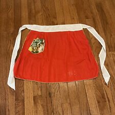 Red Vintage Retro Half Apron with Yellow Floral Pocket Tie Back Rick Rack Trim picture
