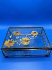 Vtg California Blossoms Glass Brass Display Box Ball Feet Trinket Closing Lid picture