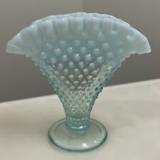 Fenton Art Glass Light Blue Opalescent Hobnail Fan Vase Ruffled Vintage picture