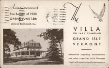 1935 Grand Isle,VT Villa on Lake Champlain Vermont Antique Postcard 1c stamp picture