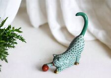 MINT HEREND Green Fishnet Cat Playing With Ball 24K Gold Figurine Hungary picture