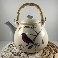 *VINTAGE* White & Blue Bird Butterfly Floral Teapot Bamboo Handles 6