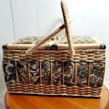 Vntage 1986 Sewing Basket Woven Wicker Tapestry Fabric lidded pincushion 14.5×10 picture