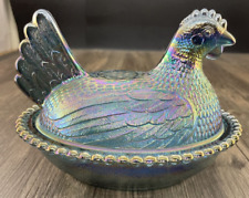 Vintage Indiana Carnival Glass Chicken Hen on Beaded Nest Blue Candy Dish 7