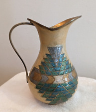 Brass Pitcher, Enamel Coated Beige w/ Greens, Blues, Silver & Gold, Boho Chic picture