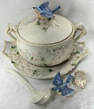 1990 Fitz & Floyd Bluebird & Pink Dogwood Blossom Tureen With Plate S+P & Spoon picture