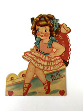 Vintage Ballerina With Fan Mechanical Valentine Card Die Cut Made In USA 2940s picture