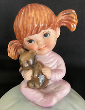 Vintage Gorham Japan Ceramic Little Girl w/Teddy Bear Music Box Nursery Room picture