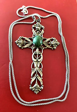 CREED VTG STERLING SILVER LARGE FLOWERY GREEN JADE CROSS PENDANT NECKLACE picture