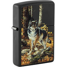 Zippo Windproof Lighter Linda Picken Wolf in Fall Woods Design Black Matte 48970 picture
