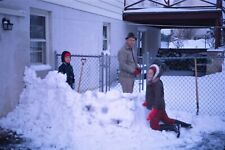 1971 Brother Sister Dad Shoveling + Playing in Snow Winter Vintage 35mm Slide picture