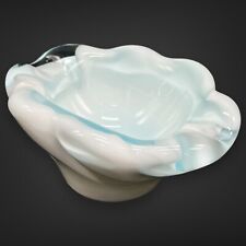 VTG Blown Art Glass Cigar Ashtray Cased White Aqua Clear Cloud Petal Flower Dish picture