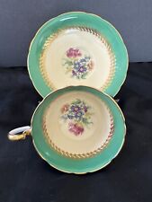 Aynsley Tea Cup and Saucer Set Green Band Floral Heavy Gold Gilt Scroll Ivory picture