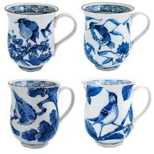 Set of 4 VTG Japanese Mug Cup Blue & White Bird on the Tree Porcelain Seto ware picture