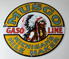 Vintage Musgo Gasoline Sign - Gas Motor Oil Pump American Indian Porcelain Sign picture