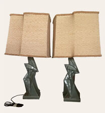 Vintage Cubist Geometric Style Green Ceramic Table Lamps 1950s Original Shades picture