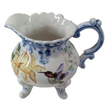 Ceramic Creamer / Pitcher W/ Painted Hummingbird & Flowers Ornate Handle 5