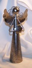 Vintage Etched Silver Ton Christmas Angel Bell Ornament Holding Flower picture