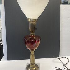 Antique Victorian Etched Cranberry Glass Font Table Lamp with Milk Glass Shade picture