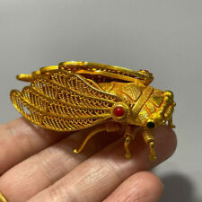 Exquisite Brass Carved Insect Lifelike Golden Cicada gilt gold Statue inlay gem picture