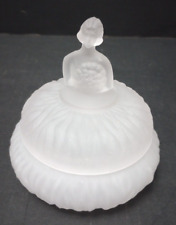 Vintage White Frosted Glass Powder Jar Lady With Bouquet Handle Vanity Dresser picture