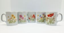 Set of 5 Vintage Speckled Stoneware Hexagon Coffee Mugs Flowers Poppies Pansies picture