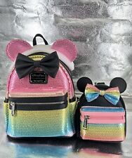 BNWT Loungefly Disney Parks Minnie Mouse Rainbow Sequined Mini Backpack& Wallet picture